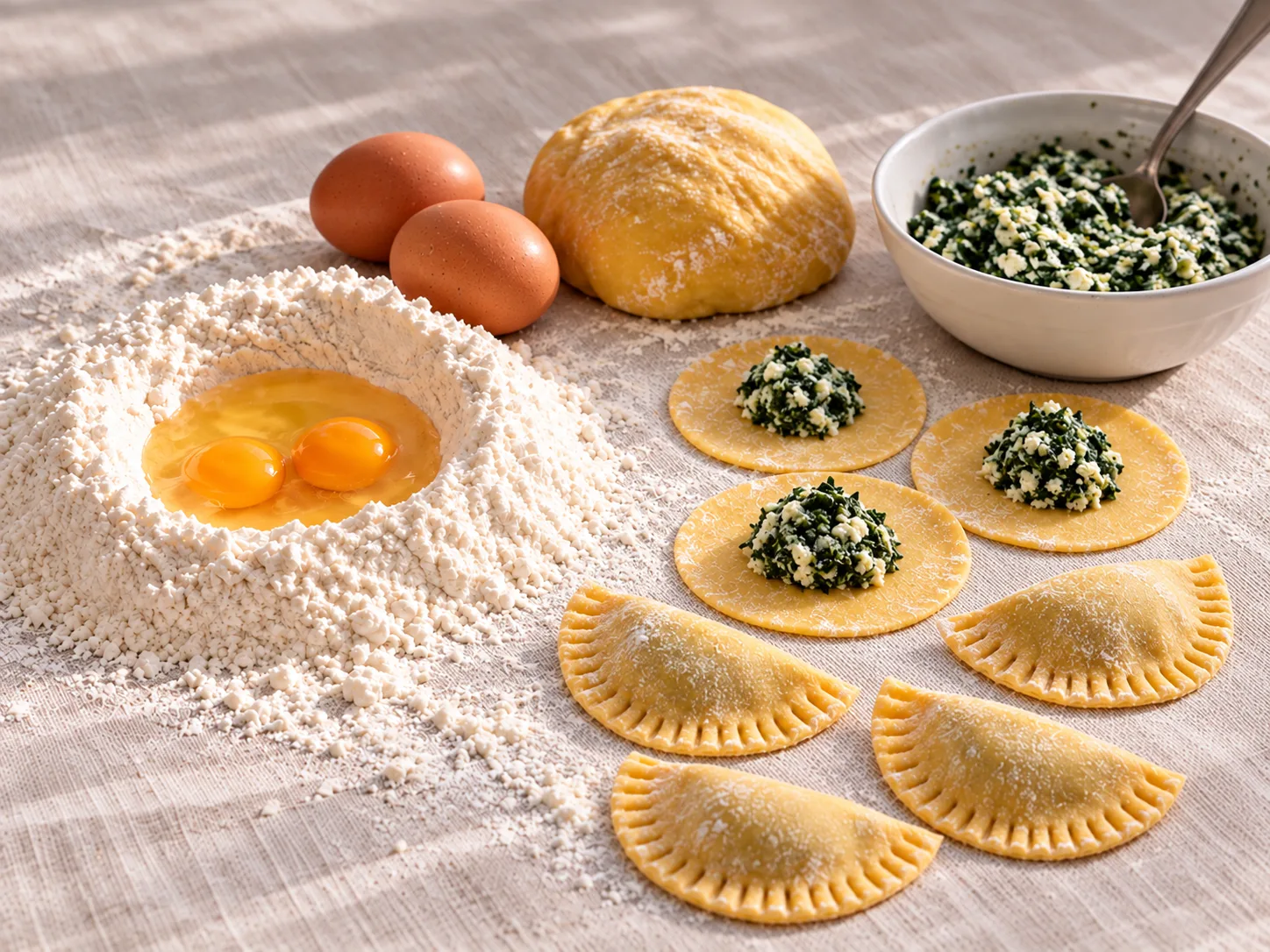 Fresh eggs, flour and spinach filling ready for handmade pasta