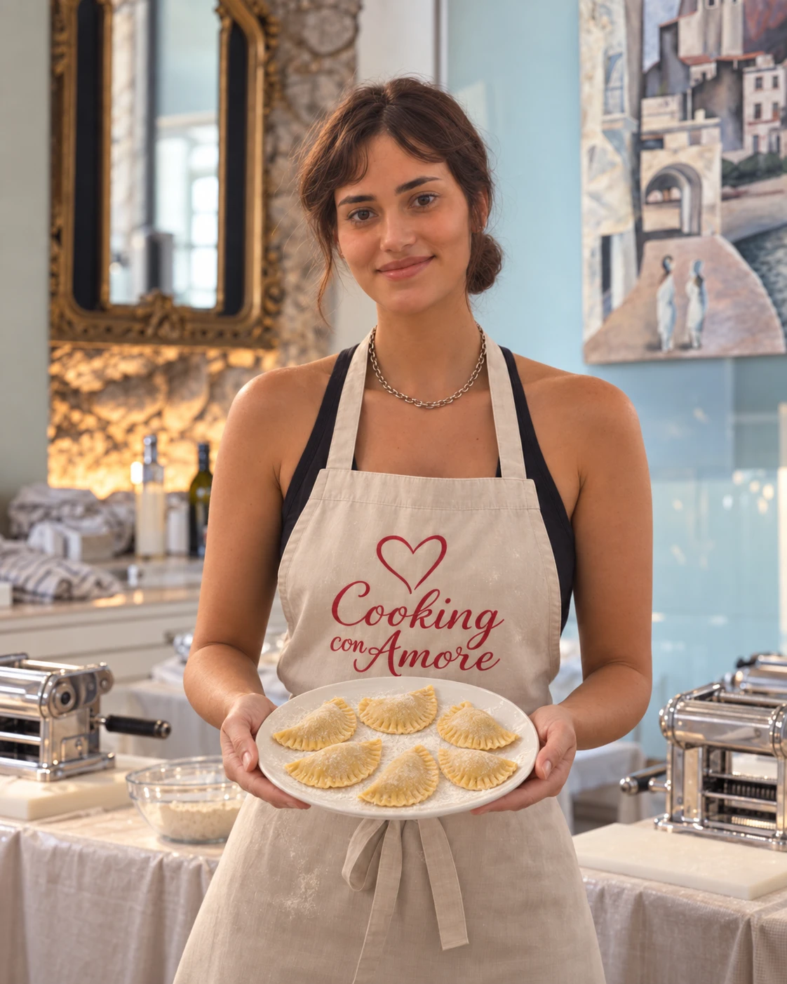 Chef Victoria making fresh fettuccine in the Cooking con Amore kitchen