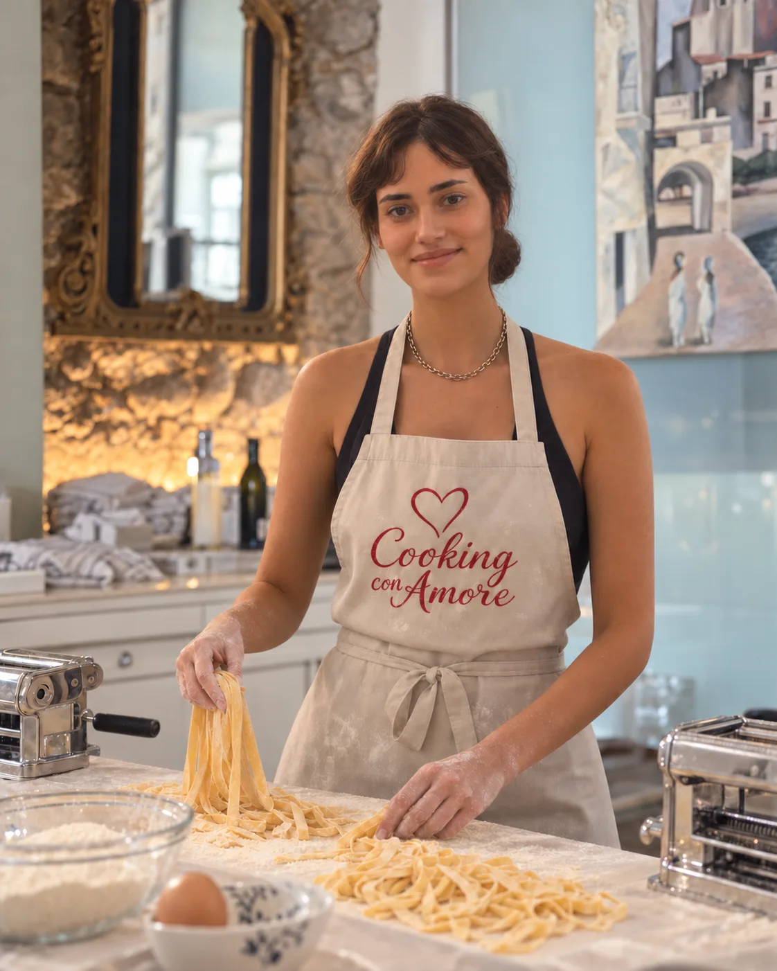 Chef Victoria making fresh fettuccine in the Cooking con Amore kitchen